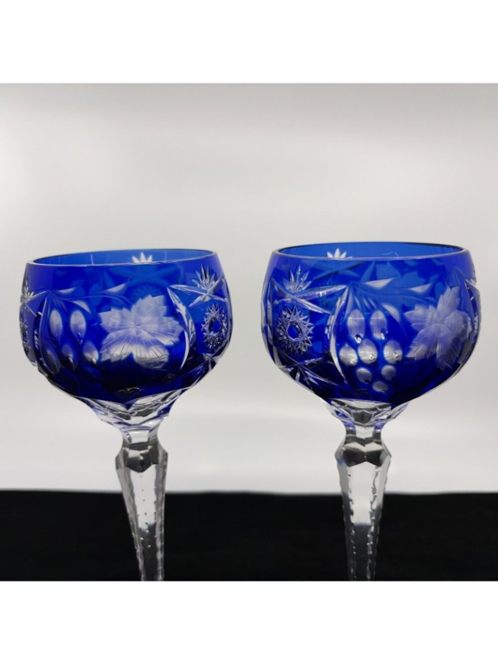 Vintage Ajka Marsala Cobalt Blue Tall Hock Wine Glasses Cut to Clear Pair 8" - Picture 4 of 8